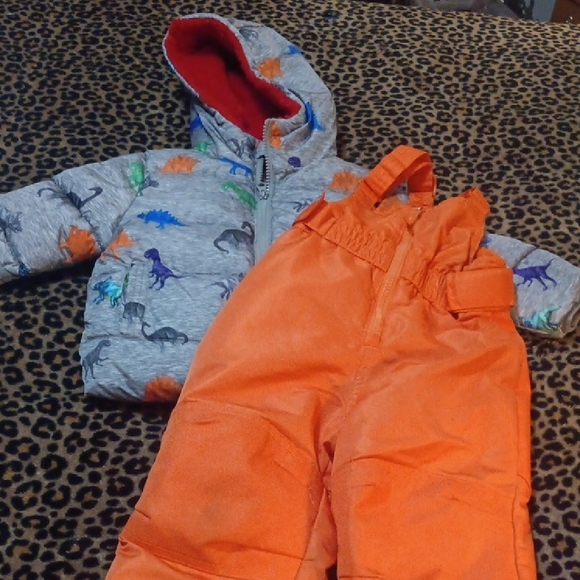 🤠Swiss Tech Kids Dinosaur Puffer Jacket and Orange Snow Pants - Picture 1 of 12